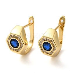 Real 18K Gold Plated Brass with Cubic Zirconia Hexagon Hoop Earrings, Cadmium Free & Lead Free, Blue, 10.5x15.5x15mm