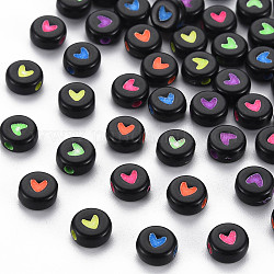 Abalorios de acrílico negro opaco, redondo plano con corazón de colores mezclados, 7x3.5mm, agujero: 1.8 mm, aproximamente 3700 unidades / 500 g