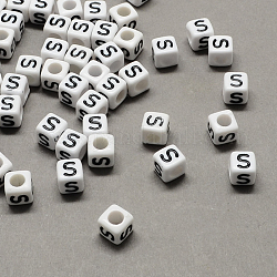 Große loch acryl brief europäischen perlen, horizontales Loch, weiß und schwarz, Würfel mit letter.s, 6x6x6 mm, Bohrung: 4 mm, ca. 2950 Stk. / 500 g