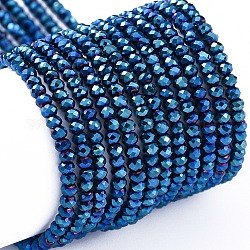 Chapelets de perles en verre électroplaqué, plein plaqué, facette, rondelle, bleu plaqué, 2x1.5mm, Trou: 0.6mm, Environ 220~230 pcs/chapelet, 13.78~14.17 pouce (35~36 cm)