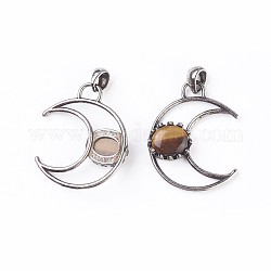 Natural Tiger Eye Pendants, with Brass Findings, Moon, Antique Silver, 38~38.5x30~31x6~7mm, Hole: 5x7mm