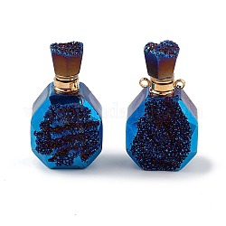Ciondoli apribili per bottiglie di profumo in agata druzy naturale galvanizzata, ciondoli per bottiglie di profumo sfaccettati, con i risultati in ottone tono oro, blu placcato, 35~37.5x20x13.5~14.5mm, Foro: 1.8 mm