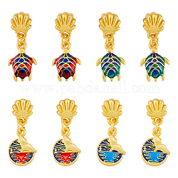 SUPERFINDINGS 8Pcs 4 Styles Alloy Enamel European Dangle Charm, Large Hole Pendant, Mixed Color, Tortoise & Flat Round with Whale Tail Shape, Matte Gold Color, 24.5~25mm, Pendant: 14.5~15x10.5x3~3.5mm, Hole: 4mm, 2pcs/style