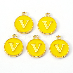 Breloques en émail d'alliage plaqué or, paillettes émaillées, plat rond avec la lettre, or, letter.v, 14x12x2mm, Trou: 1.5mm