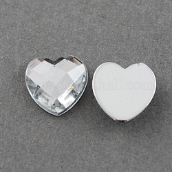 Acrylic Rhinestone Cabochons, Flat Back, Faceted, Heart, Clear, 10x10x3mm