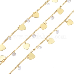 Handmade Brass Curb Chains, Soldered, with Heart Charm, Clear Cubic Zirconia and Spool, Long-Lasting Plated, Real 18K Gold Plated, 1.5x1mm, about 32.8 Feet(10m)/roll