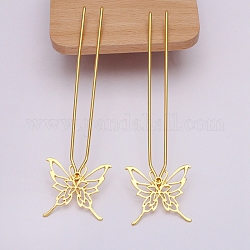 Brass Hair Fork Findings, with Alloy Butterfly Filigree Findings, Golden, 125x12x2mm, Filigree Findings: 41x35mm