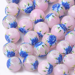 Printed & Spray Painted Imitation Jade Glass Beads, Round with Flower Pattern, Royal Blue, 8~8.5x7.5mm, Hole: 1.4mm