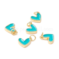 Rack Plating Brass Enamel Charms, with Jump Ring, Cadmium Free & Nickel Free & Lead Free, Real 18K Gold Long-Lasting Plated, Heart, Dark Turquoise, 9x7x2mm, Hole: 2.5mm