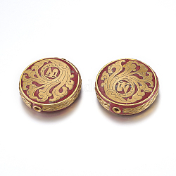 Perles Indonésiennes manuelles, avec les accessoires en laiton, sans nickel, plat rond avec symbole om, brut (non plaqué), rouge, 29~30x8mm, Trou: 2mm