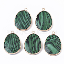 Synthetic Malachite Pendants, with Golden Plated Edge Brass Findings, Nickel Free, Faceted, Oval, 25~26x17~18x5mm, Hole: 1.4mm