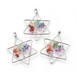 Natural & Synthetic Mixed Gemstone Chakra Big Pendants, with Brass Findings, for Jewish, Star of David, Platinum, 52x43x6mm