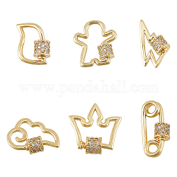 Brass Micro Pave Clear Cubic Zirconia Screw Carabiner Lock Charms, for Necklaces Making, Long-Lasting Plated, Mixed Shapes, Real 18K Gold Plated, 6pcs/box
