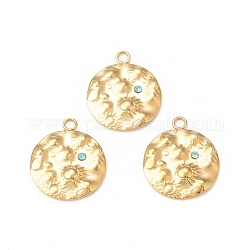 304 Stainless Steel Rhinestone Pendants, Textured, Flat Round Charm, Real 18K Gold Plated, 18x15x2mm, Hole: 1.8mm