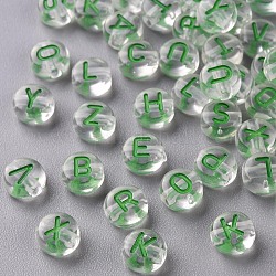 Perle acriliche trasparenti trasparenti, foro orizzontale, tondo piatto con lettera casuale, verde mare, 7x4mm, Foro: 1.6 mm, circa 3700pcs/500g