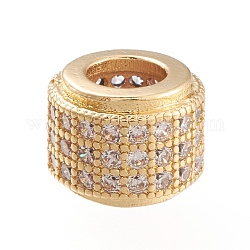 Perle europee in ottone dorato con micro pavé di zirconi, perline con foro grande, placcato di lunga durata, colonna, chiaro, 8.5x7.5mm, Foro: 4.5 mm