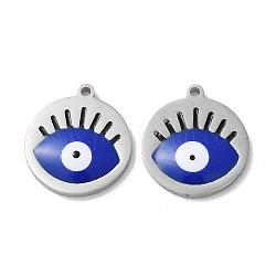 304 Stainless Steel Pendants, with Enamel, Flat Round with Evil Eye Pattern, Stainless Steel Color, 17x15x1.5mm, Hole: 1.2mm