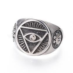 304 anello con sigillo in acciaio inossidabile per uomo, ampi anelli banda, l'occhio che tutto vede, argento antico, formato 7~12, 17~22mm