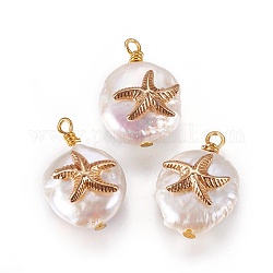 Pendentifs de perles d'eau douce de culture naturelle, avec les accessoires en laiton, plat rond avec étoile de mer / étoiles de mer, or, 17~18x12~14mm, Trou: 1.6mm
