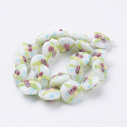 Fatti a mano perle di vetro irregolari fili, schiena piatta con fiore, bianco, 17~20.5x10~14mm, Foro: 1.4 mm