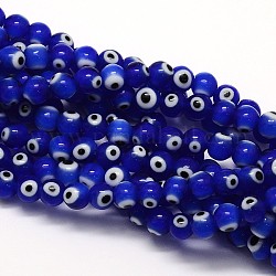 Hechos a mano de cristal de murano mal ojo hebras de perlas redondas, azul, 6mm, agujero: 1 mm, aproximamente 65 pcs / cadena, 14.17 pulgada