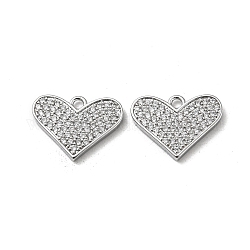 Brass Micro Pave Cubic Zirconia Pendants, Heart, Real Platinum Plated, 10.5x14x2mm, Hole: 1.4mm
