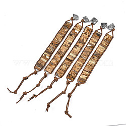 Bracciali cordone in pelle di vacchetta, con perline di diaspro naturale a forma di rettangolo e elementi in lega, 9~11 pollice (23~28 cm)
