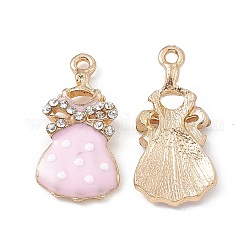 Colgantes de aleación de Diamante de imitación, con esmalte, vestido con lazo y estampado de lunares, dorado, rosa, 27x13x3mm, agujero: 2 mm