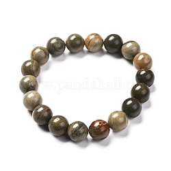 Bracelet extensible de perles rondes de jaspe feuille d'argent naturel pour hommes femmes, perle: 10~10.5 mm, diamètre intérieur: 2-1/8 pouce (5.3 cm)