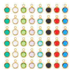 Unicraftale 8 Color 304 Stainless Steel with Glass Charms, Faceted Flat Round, Real 18K Gold Plated, 9.5x6.5x2mm, Hole: 1.5mm, 6Pcs/color, 48Pcs/box