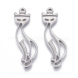 304 Stainless Steel Hollow Pendants, Cut-Out, Cat Shape, Stainless Steel Color, 32x14x2mm, Hole: 1.4mm