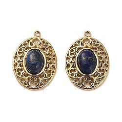 304 Stainless Steel Pave Natural Lapis Lazuli Pendants, Oval Charms, Real 14K Gold Plated, 21x15x5.5mm, Hole: 1.4mm