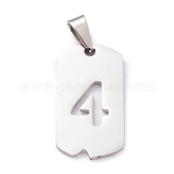 304 Stainless Steel Pendants, Rectangle with Number, Stainless Steel Color, Num.4, 27.5x14.5x1.5mm, Hole: 7.5x3mm
