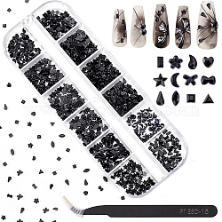 Conjunto de cabujones de resina pandahall elite 1440 Uds 12 estilos, accesorios de arte de uñas 3d, con pinzas para abalorios de acero inoxidable de 1 pieza, negro, 2~4x1.3~3.4x0.5~1.3mm, 120 piezas / style