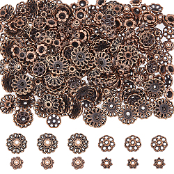 DICOSMETIC 320pcs Beads Caps Tibetan Style Alloy Flower End Caps 4 Size Red Copper Filigree Caps for DIY Necklace Bracelet, Hole: 1-2.5mm