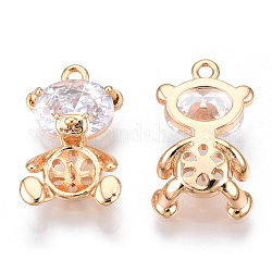 Brass Micro Pave Clear Cubic Zirconia Peg Bails Pendants, Bear, Cadmium Free & Nickel Free & Lead Free, Real 18K Gold Plated, 16.5x10x5mm, Hole: 1.2mm, Pin: 0.7mm