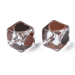 Abalorios de acrílico transparentes, con esmalte, cubo con el corazón, saddle brown, 14.5x14x14mm, agujero: 3 mm
