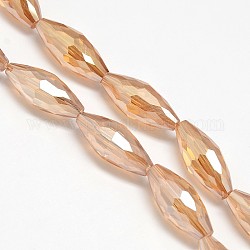 Electroplate Crystal Glass Rice Beads Strands, Faceted, Rainbow Color Plated, Light Salmon, 19x8mm, Hole: 1mm, about 40pcs/strand, 29.1 inch