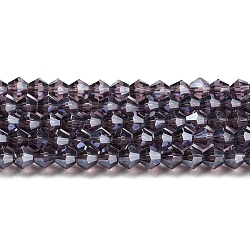 Trasparenti perle di vetro placca fili, lustro di perla placcato, sfaccettato, bicono, viola, 3x2.5mm, Foro: 0.7 mm, circa 162~185pcs/filo, 12.76~14.61 pollice (32.4~37.1 cm)