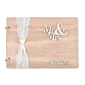 Wooden Wedding Guestbooks Notepad, with Lace, for Wedding Decoration, Rectangle with Hollow Word Mr & Mrs, Wedding, BurlyWood, 20x28x1.2cm, about 20sheet/pc
