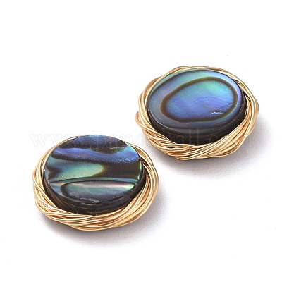 Cabochon rotondi piatti avvolti in filo di rame con conchiglia di abalone/conchiglia di paua&nbsp;PALLOY-JF00418-01-1