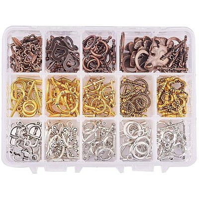 PH PandaHall 112 Sets 14 Style Tibetan Toggle T-Bar Clasps Alloy Jewelry Clasps Toggle Clasps for Jewelry Making Antique Bronze/Silver/Golden