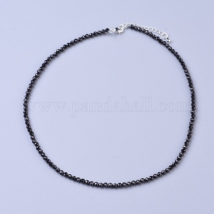 天然黒スピネルビーズのネックレス  真鍮カニカン付き  ファセットラウンドビーズ  16.5インチ〜16.7インチ（42~42.5cm）x2mm NJEW-K114-A-A20-1