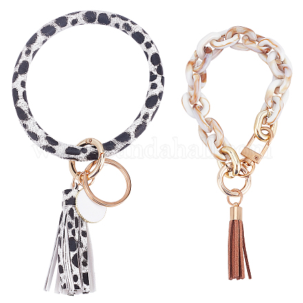CHGCRAFT 2 Pcs 2 Styles Key Ring Bracelet Leopard Print Leather Wristlet Keychain Acrylic Bangle Key Ring Bracelet with Tassel for Wrist Gift for Women Girls HJEW-CA0001-18-1