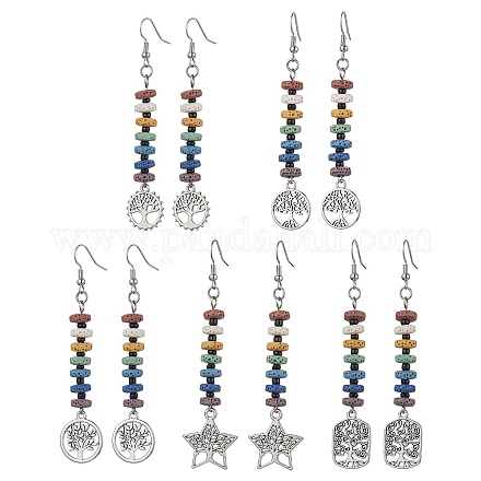 Boucles d'oreilles pendantes en perles de disque de roche de lave teintes naturelles colorées EJEW-JE05617-1