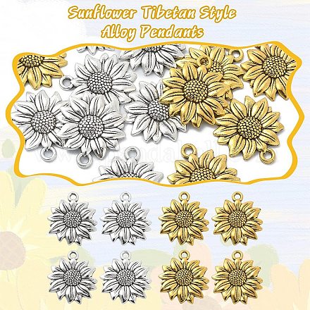 10 Stück 2 Farben Sonnenblumen-Legierungsanhänger im tibetischen Stil TIBEP-YW0001-60-1