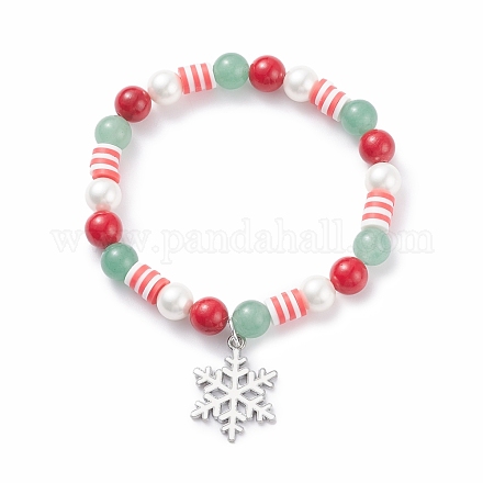 Bracciale elasticizzato in avventurina verde naturale e giada mashan e perle di conchiglia con ciondolo in lega di fiocco di neve natalizio BJEW-TA00089-1