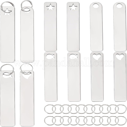 BENECREAT 24Pcs 4 Style Stainless Steel Blank Tag with Heart/Fish/Flat Round/Star Holes and Iron Key Rings KEYC-BC0001-10-1