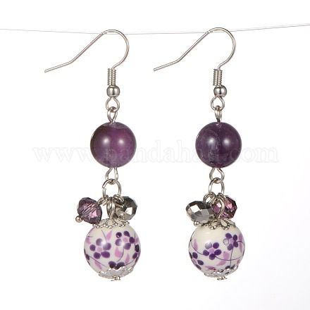 Trendy Women's Dangling Brass Gemstone Beads Earrings EJEW-JE01209-06-1