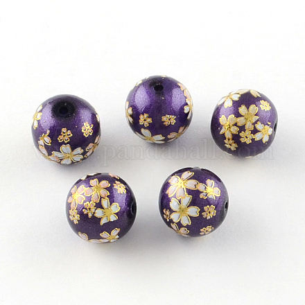 Rose Flower Pattern Printed Round Glass Beads GFB-R005-10mm-C06-1